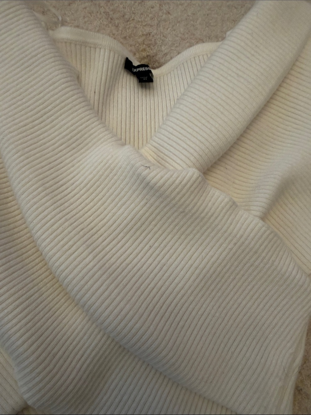 Express Off-Shoulder Cream Ribbed Wrap Sweater - Picture 3 of 5